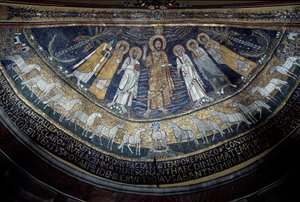 Kristus blant St Paul, St Cecilia, St Pascal, St Peter, St Valeriano og St Agata (mosaikk, 821) av Unknown artist