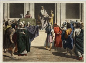 Kristus før Pontius Pilatius: Da Pilatus så at folket ønsket Jesu død og fryktet et opprør, tok han vann, vasket hendene for folkemengden og sa: «Jeg er ikke ansvarlig for dette blodet; det er opp til deg å se». Anonym gravering fra mi av Unknown artist