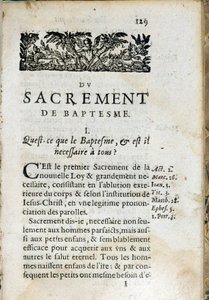 Kristen religion: indre side av boken "Den store katekismus"". Verk av Pierre Canisius (1600-tallet) av Unknown artist