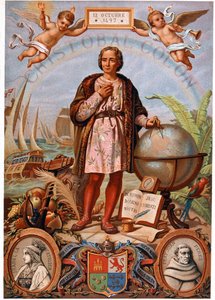 Christopher Columbus. Til venstre, portrett av Isabella den katolske, dronning av Castilla (1451-1504). Spansk kromolitografi fra 1800-tallet av Unknown artist