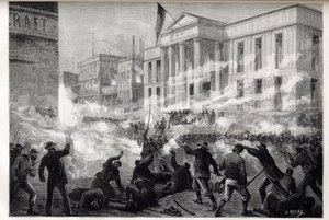 Cincinnati Courthouse-opptøyer i 1884 - et opprør startet etter en jurydom om drap etter en beryktet drapsrettssak, 28. mars 1884 - av Unknown artist
