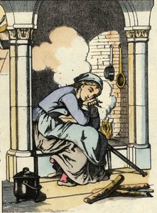 Cinderella dreams of a better life near the kitchen fireplace. Illustration of Charles Perrault
