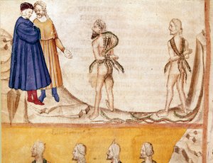 Circle of Thieves: Vanni Fucci (1200-tallet) forutså Dante og Virgil nederlaget til de hvite gulfene. Opplyst side som illustrerer den 24. helvetesangen er hentet fra "Divina Commedia" av Dante Alighieri (1265-1321). 1300-tallet, Venezia, Bibliotec av Unknown artist