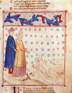 Circle of Traitors: Dante og Virgil møter Ugolino della gherardesca, tyrann i Pisa og fordømmer for forræderi mot hjemlandet, han slår lederen av Archeveque Ruggeri. Opplyst side som illustrerer den 33. helvetesangen henter fra "Divina Commedia" av Unknown artist