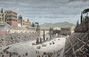 Circus Maximus - Det store sirkuset eller sirkus Maxime, i Roma, med et vognløp - Fargegravering
