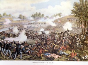 Borgerkrig (1861 - 1865), amerikansk borgerkrig 21/7/1861: Første slaget ved Bull Run eller første slaget ved Manassas: Virginia, konføderasjonene kommandert av general Beauregard beseiret de nordiske troppene til general Mac Dowell. Gravering. av Unknown artist