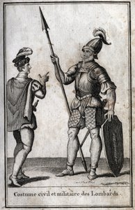 Sivil og militær drakt av langobardene (Lombardia) i middelalderen. Gravering i "Beaute de l'histoire du basse empire" redige av PJBN 1814. av Unknown artist