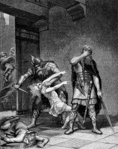 Clotaire (Clothaire) I (v.497-561) og Childebert I, de frankiske kongene, myrdet to sønner av deres bror Clodomir (495-524). av Unknown artist