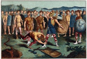 Clovis (465-511) og den frankiske krigeren som knuste vasen til Soissons i 486 - Clovis 1. skjøt ned soldaten som hadde knust vasen til Soissons, i 486. Kromolitografi av 1800-tallet. av Unknown artist