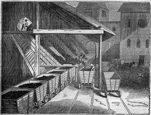 Kullgruve: kull, hentet fra gruven, lastes om bord på vogner mot støperier, tog og skip. I "" Den pittoreske butikken"" 1835 av Unknown artist