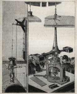 Mynt: London Mints dampbalanse. Gravering fra 1885 i "" Les arts et metiers illustres"" av Adolphe BITARD. av Unknown artist