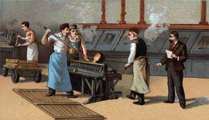 Myntfremstilling, gullblader. Kromolitografi fra slutten av 1800-tallet av Unknown artist
