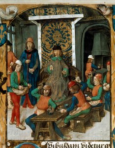 Myntpreging i middelalderen. Miniatyr fra et utkast til valuta (sannsynligvis De Moneta) av Nicolas Oresme (1320-1382). 1300-tallet f.Kr. Paris av Unknown artist
