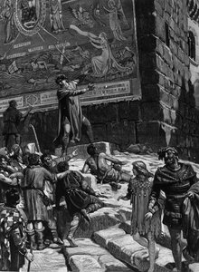 Cola di Rienzo (1314-1354), i kampanjen for å bli en tribune for det romerske folket, forklarer folket i Roma freskomaleriene han hadde installert i Capitol som symboliserer Romas smerte i et dechainee-hav omgitt av Troja, Jerusalem, Kartago og Ba av Unknown artist