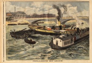 Kollisjon på Seinen mellom en engelsk dampbåt og en omnibus peniche i Paris, på høyden av kongebroen. Gravering i "" Le petit journal"" 7/02/1897. Selva samling. av Unknown artist
