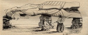 Kolossen av Ramses II funnet i 1820, nær den sørlige porten til tempelet til Ptah som ligger omtrent tretti meter unna, av den italienske reisende Giovanni Battista Caviglia - gravering av 1838 - Statuen av Ramses II ble oppdaget i 1820 av Giovanni Battist av Unknown artist