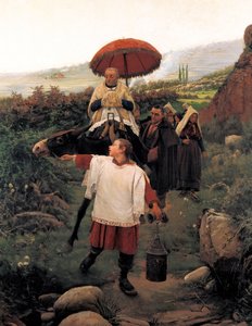 "" Kombiner fjellet "" Religious Cortege i et fjell. Maleri av Mariano VAYREDA VILA (1853-1903). Spania, Olot. Garrotxa regionale museum. av Unknown artist