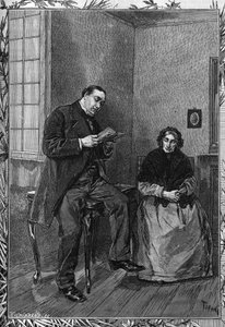 Komikeren Moessard leser kona. Gravering i den berømte journalen "" La jeunesse"" av Unknown artist