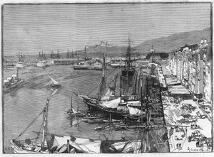 Kommersielt skip og arsenal i havnen i Toulon (Var), Frankrike. Gravering i "" Le Monde Illustré"" av Unknown artist