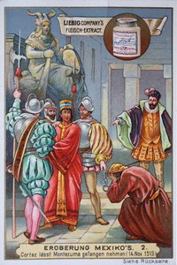 Erobringen av Mexico: Cortés arresterer kongen Montezuma II ... Europaskolen (1900-tallet) Erobringen av Mexico: Cortés arresterer kongen Montezuma II av Unknown artist