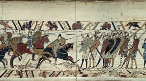 Erobre England av Vilhelm Erobreren (1027-1087) i 1066, kampscene mellom det normanniske kavaleriet som lastet det saksiske infanteriet til kong Harold II av England Detalj av Bayeux-teppet eller broderi av dronning Mathilde av Unknown artist