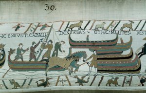 Erobre England av hertugen av Normandie Vilhelm Erobreren (1027-1087) i 1066: Normanniske skip seiler på den engelske kysten. Hesten trekker båten på gangen. Detalj av Bayeux-teppet eller broderi av dronning Mathilde av Unknown artist