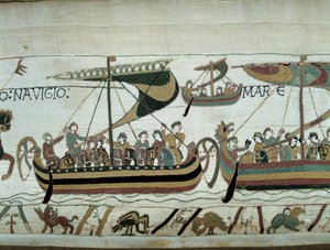Erobringen av England av Vilhelm Erobreren (1027-1087) i 1066: de normanniske flåtene er på vei til England Detalj av Bayeux-teppet eller broderi av dronning Mathilde av Unknown artist