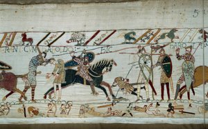 Erobring av England av hertugen av Normandie Vilhelm Erobreren (1027-1087) i 1066: normannerne massakrerer de saksiske hærene, kong Harold blir drept av en pil funnet i øyet Detalj av billedvev av Bayeux eller broderi av dronning Mathilde av Unknown artist