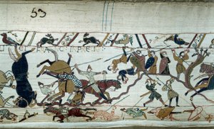Erobringen av England av hertugen av Normandie Vilhelm Erobreren (1027-1087) i 1066: Slaget ved Hastings Detalj av Bayeux-teppet eller broderi av dronning Mathilde av Unknown artist