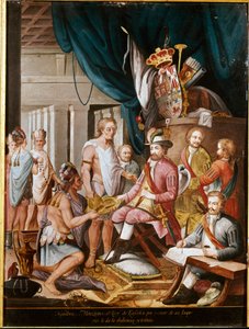 Erobring av Mexico: Montezuma (eller Moctezuma II), aztekisk keiser (1466-1520) tilbyr gaver til erobreren Hernan Cortez (eller Cortes) (1485-1547) og sverger lojalitet til kongeriket Spania. Anonymt maleri. Madrid. Museum of America. av Unknown artist