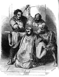Conspiracy against Charlemagne, 792: a lord surprises the conversation between conspirators planning the murder of the King of the Franks. Among them, Pepin the Bossu (769-811), son of Charlemagne. Engraving of the 19th century. av Unknown artist