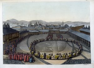 Konstantinopel: Lykkelighetsporten. Denne døren gir tilgang til det indre av palasset hvor sultanen bor med familien sin og damene i Harem. I “” Den gamle og moderne drakten av Unknown artist