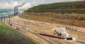 Byggingen av Albertkanalen på 1930-tallet, som forbinder havnen i Liège med havnen i Antwerpen, Belgia (Graving av Albertkanalen på 1930-tallet (trettiårene) mellom Antwerpen og Liège, Belgia) Kromolitografi av Unknown Artist