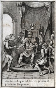 Kroningen av Michael II den amoriske (Begue) (770-829) som bysantinsk keiser etter løslatelsen fra fengselet i 820. Han er grunnleggeren av det amoriske dynastiet. Gravering i "Beaute de l