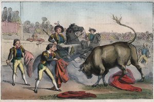 Corrida i Spania: le picador - oksen som lader en Picador - gravering fra "" skikker og tradisjoner til alle folkeslag i universet. Det er historien om regjeringen, lovene, militsen, om religionen til alle nasjoner fra de fjerneste tider til våre egne dage av Unknown artist