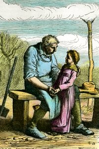 Cosette og Jean Valjean. Illustrasjon til romanen «Les miserables» av Victor Hugo (1802-1885) Gravering fra 1865 Privat samling av Unknown artist