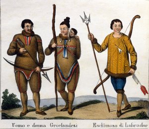 Drakt. Til venstre: Et par grønlandske eskimoer med sitt barn. Til høyre: Labrador Eskimo. Litografi fra begynnelsen av 1800-tallet av Unknown artist