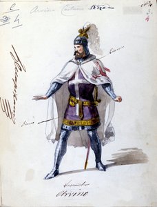 Kostyme for opera "" I Lombardi"" eller "" Les Lombards à la première Crusade"" komponert av Giuseppe Verdi (1813 - 1901) i 1843. Anonym akvarelltegning. Alvino-karakter for forestillingen på Scala i Milano. av Unknown artist