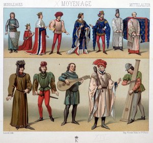 Drakter og musikere i middelalderen fra 1200- til 1400-tallet. I «Den historiske drakten» av A. Racquet av Unknown artist