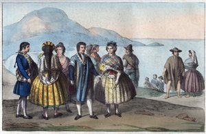 Costumes of the people of Concepcion, Chile - engraving from “” Usi e Costumi di Tutti i i Popoli dell