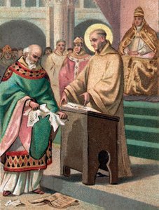 Council of Reims i 1148: Saint Bernard of Clairvaux (1090-1153) (San Bernardo di Chiaravalle) anklaget Gilbert de la Porree, eveque av Poitiers, for kjetteri - Kromolitografi fra slutten av 1800-tallet av Unknown artist