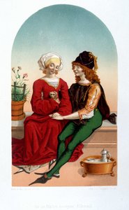 Høflig kjærlighetsscene i middelalderen. College - imitasjon fra 1800-tallet. av Unknown artist