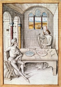 Håndverk: harpefaktor. Et verksted for instrumentproduksjon. Miniatyr fra et manuskript av "The Fables of Bidpai" av Unknown artist