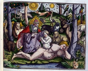 Skapelse: Gud representert omgitt av mennesker og dyr (hund, trane, løve, hjort, bever, ape, enhjørning, villsvin, papegøyer, kanin...), ifølge Historiae animalium av Konrad Gesner, Tiguri av Unknown artist