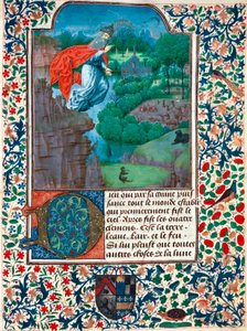 Skapelsen, den syvende dag: Skaperen flyr over sitt verk. Landskap med dyr. Miniatyr fra Timeboken til grevinnen av Bretiandos av Unknown artist