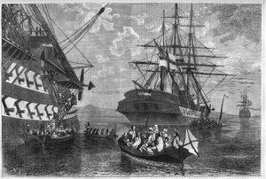 Kretisk opprør fra 1866-1869 (opprøret av øya Kreta mot det osmanske riket): Kretiske familier som søker asyl på skip med nøytrale makter. Gravering i "" L