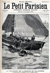 Krysser hylsen i velociped: en fiskebåt samler Georges Pinkert til sjøs som hadde satset på å krysse hylsen med vannvelocipeden han hadde oppfunnet. Gravering i "" Le Parisien"" av Unknown artist