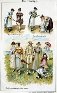 Cure Kneipp: affusjon av knærne, affusjon av hodet, gå i det våte gresset - i "Bilz, Natural Medication"", slutten av 1800-tallet av Unknown artist