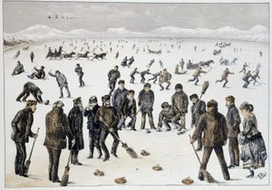 Curling på en frossen innsjø nær Halifax, Nova Scotia - i "" Skisser av kanadisk sport og tidsfordriv"" av Lieut. Henry Buckton Laurence av Unknown artist
