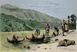 Skikker og transportmetoder: skinn av oppblåste dyr som brukes til å krysse elver. Gravering fra 1800-tallet av Unknown artist